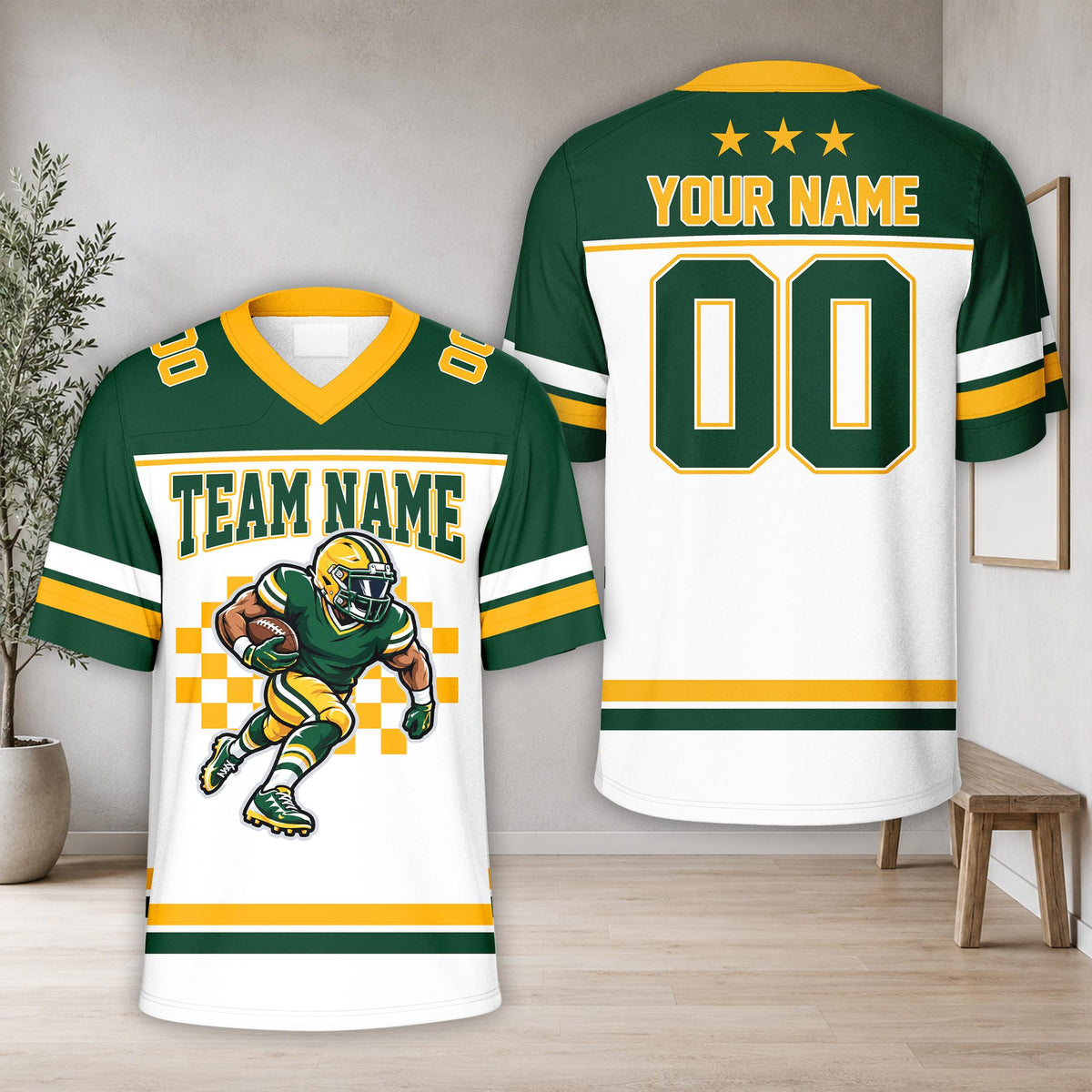 Green personalized football jersey with checkered background, front view