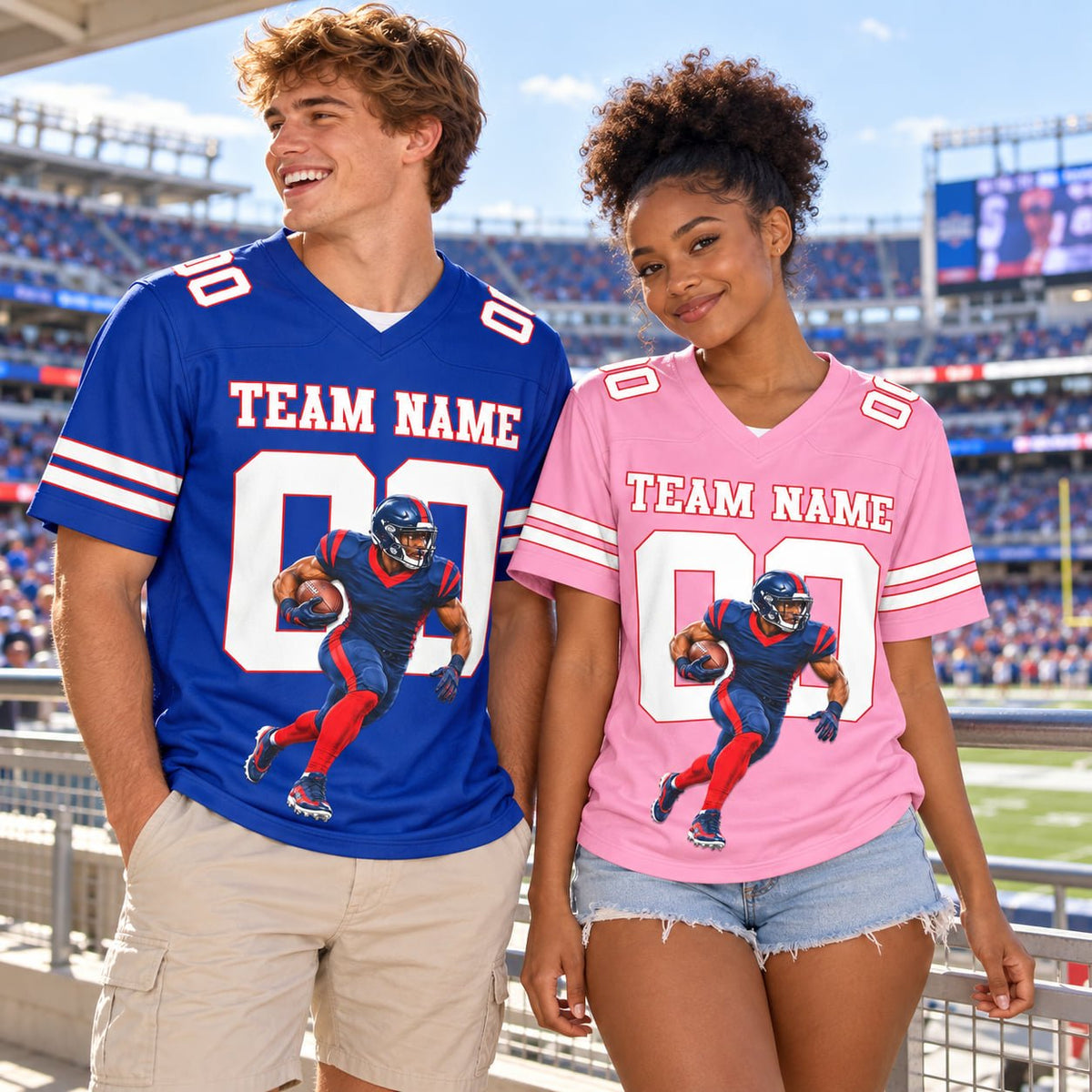 Lifestyle view of someone wearing a personalized sports football jersey