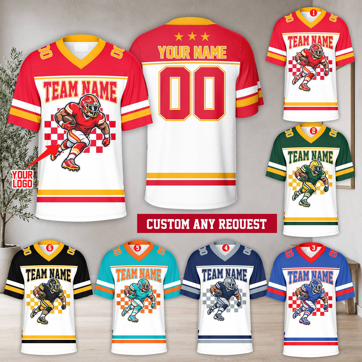 Multicolor sports football jersey with running player graphic, front view