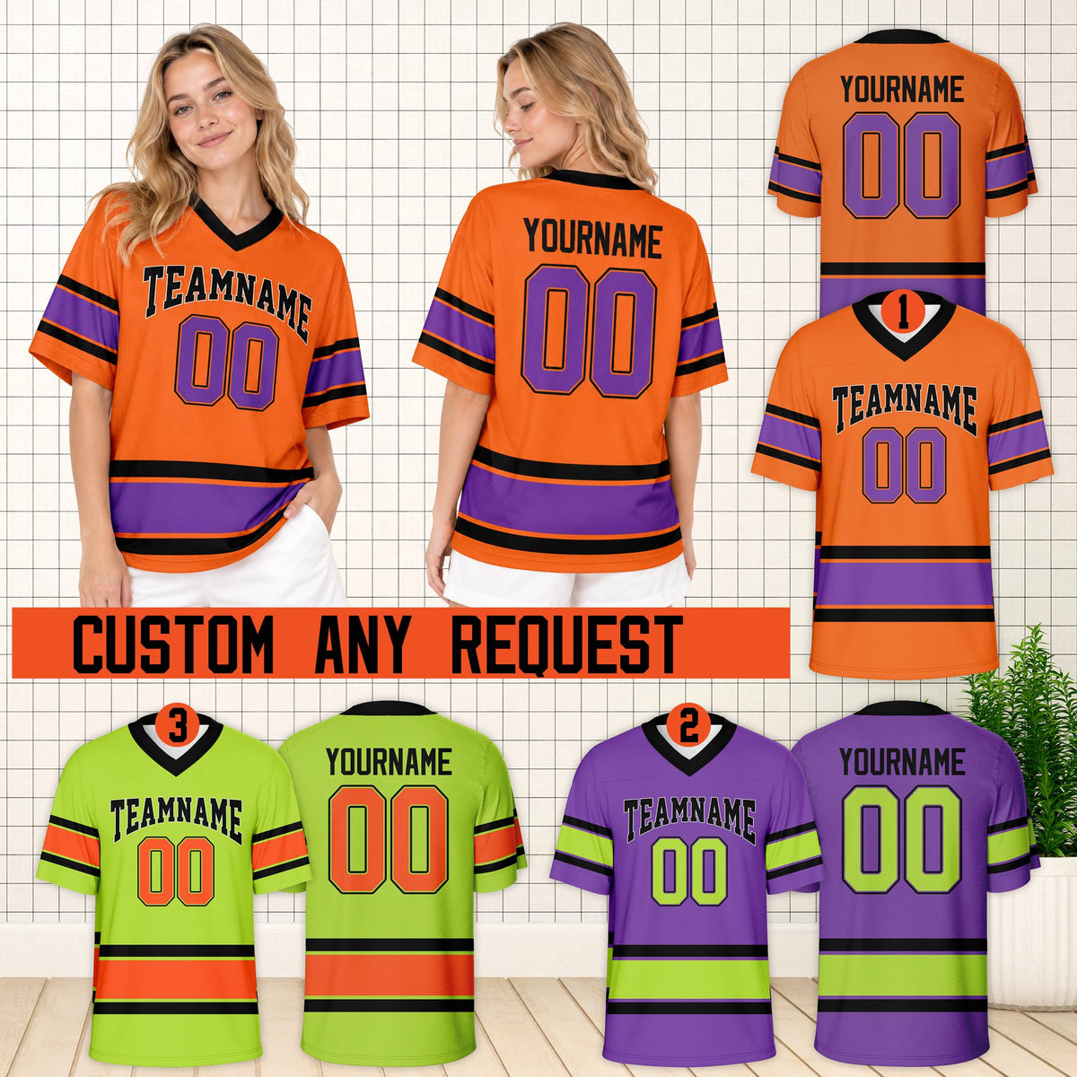 Multiple colors of personalized sports football jerseys featuring bold stripes