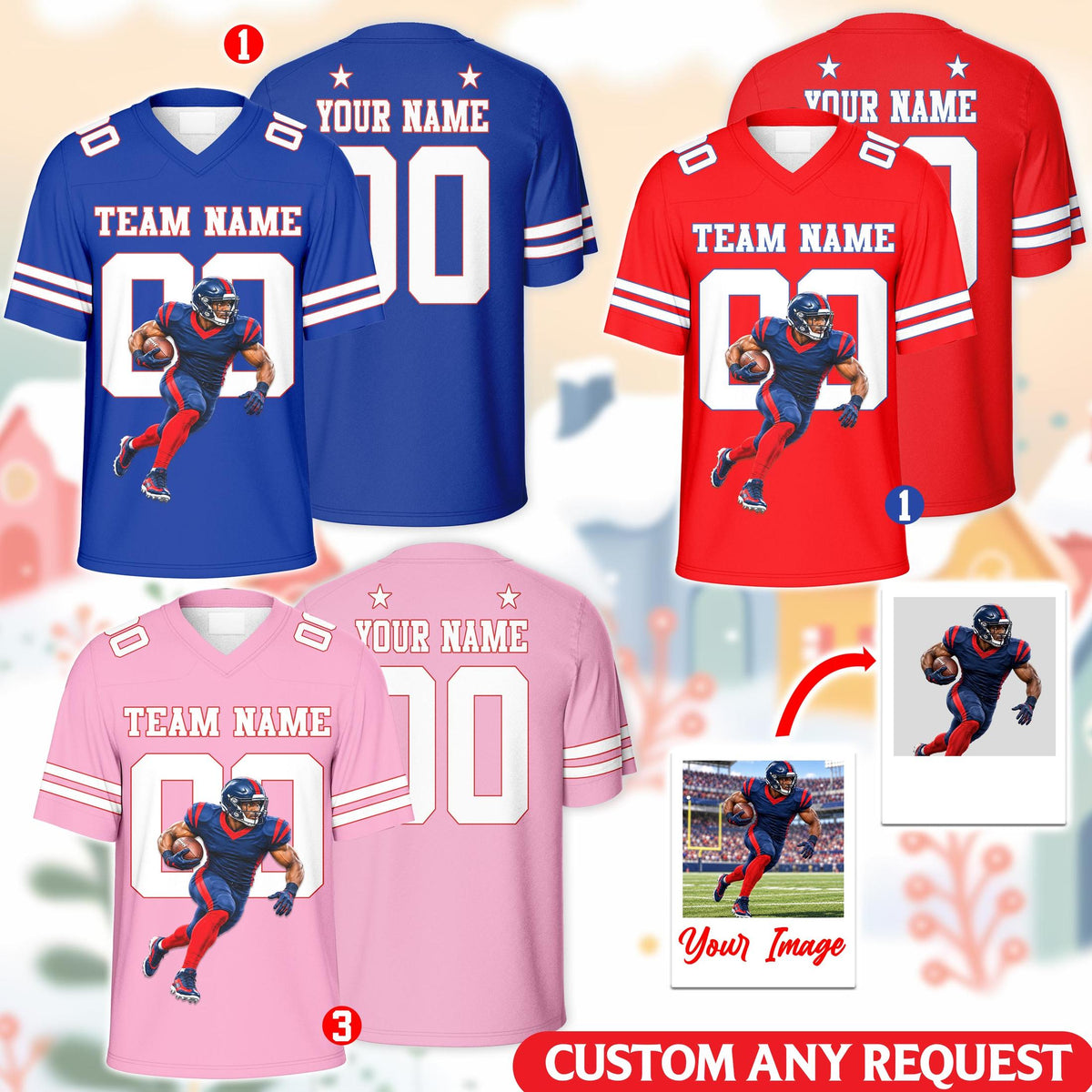 Multicolor personalized football jersey showing custom details