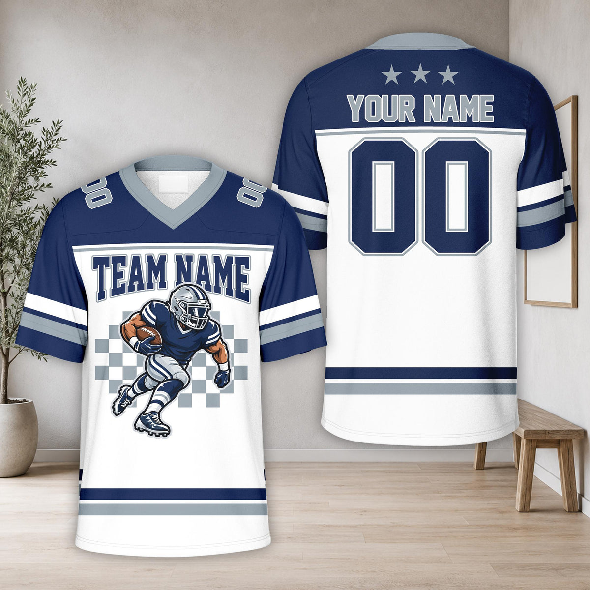 Navy custom football jersey with running player graphic, front view