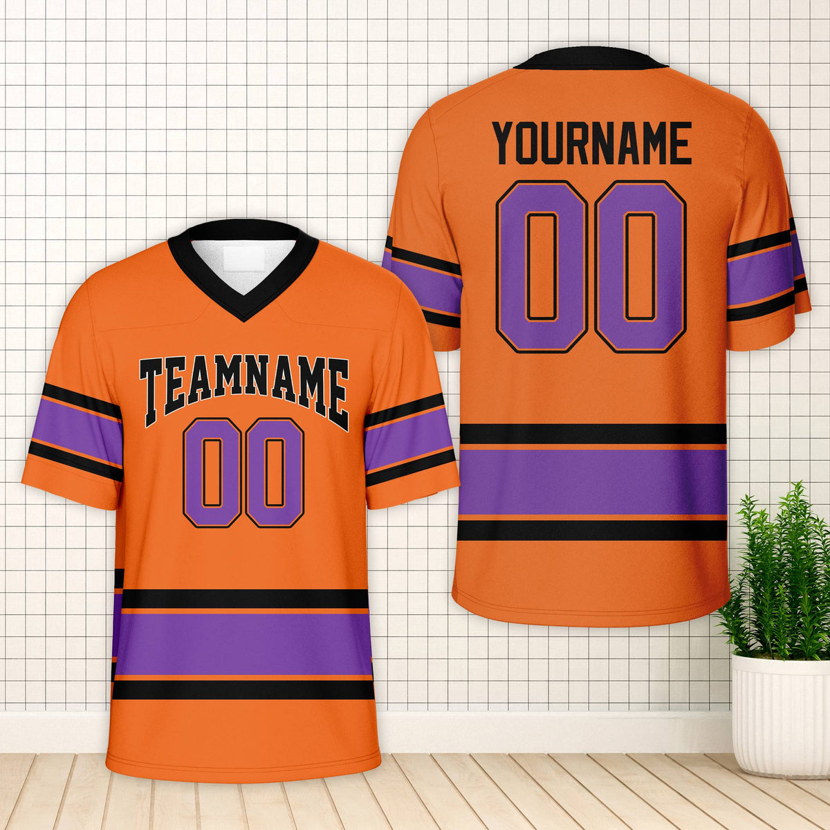 Personalized orange sports football jersey with custom name and number, front view