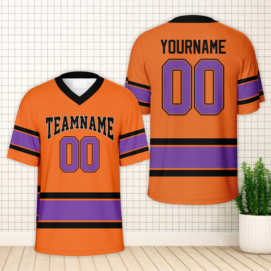 Personalized orange sports football jersey with custom name and number, front view