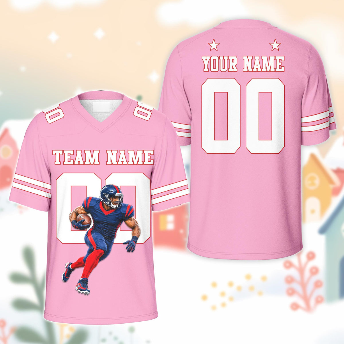 Pink personalized football jersey with running player illustration