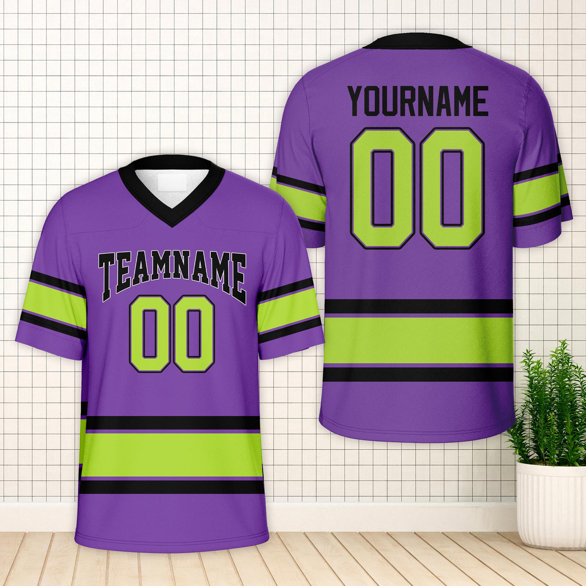 Personalized purple sports football jersey with custom name and number, front view