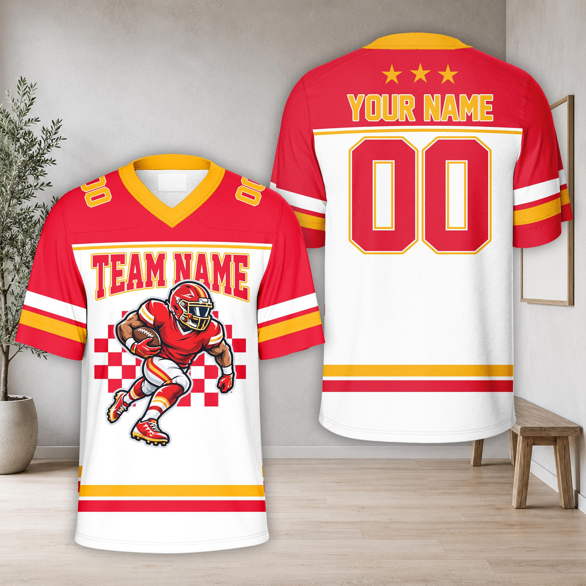 Red epic sports football jersey with custom name and number, front view