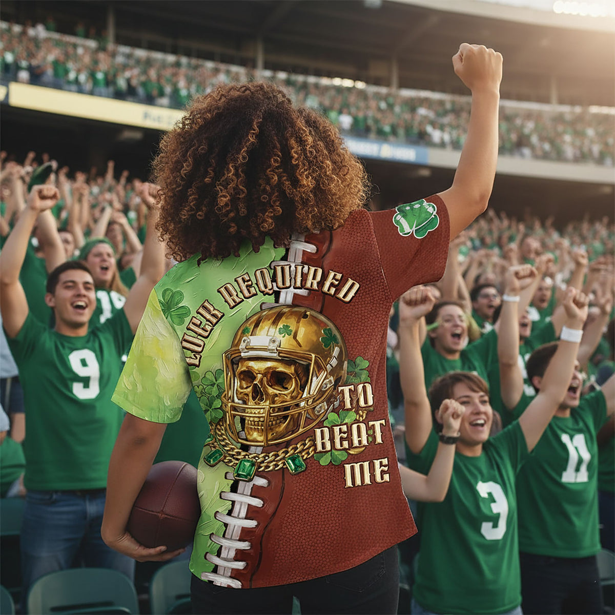 Back view of the St. Patrick's day football jersey showing the split green and brown design