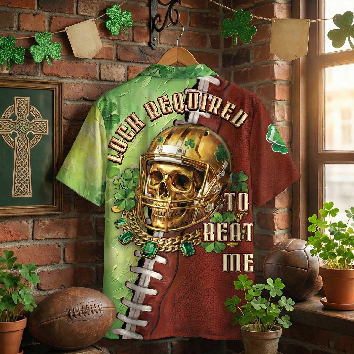 Back view of the green patrick football jersey showing shamrock pattern