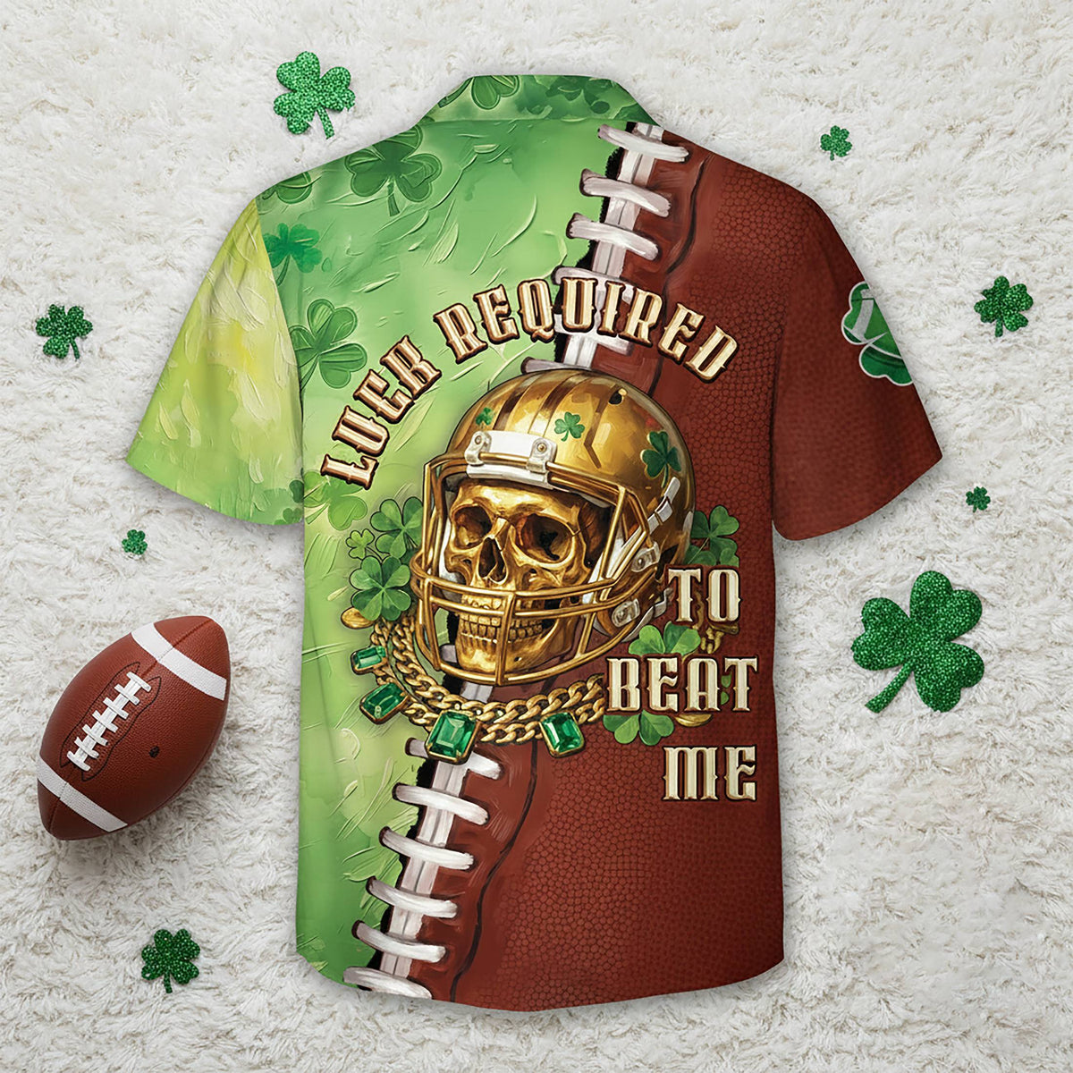 Back view of the St. Patrick's Day football jersey showing the unique split design.