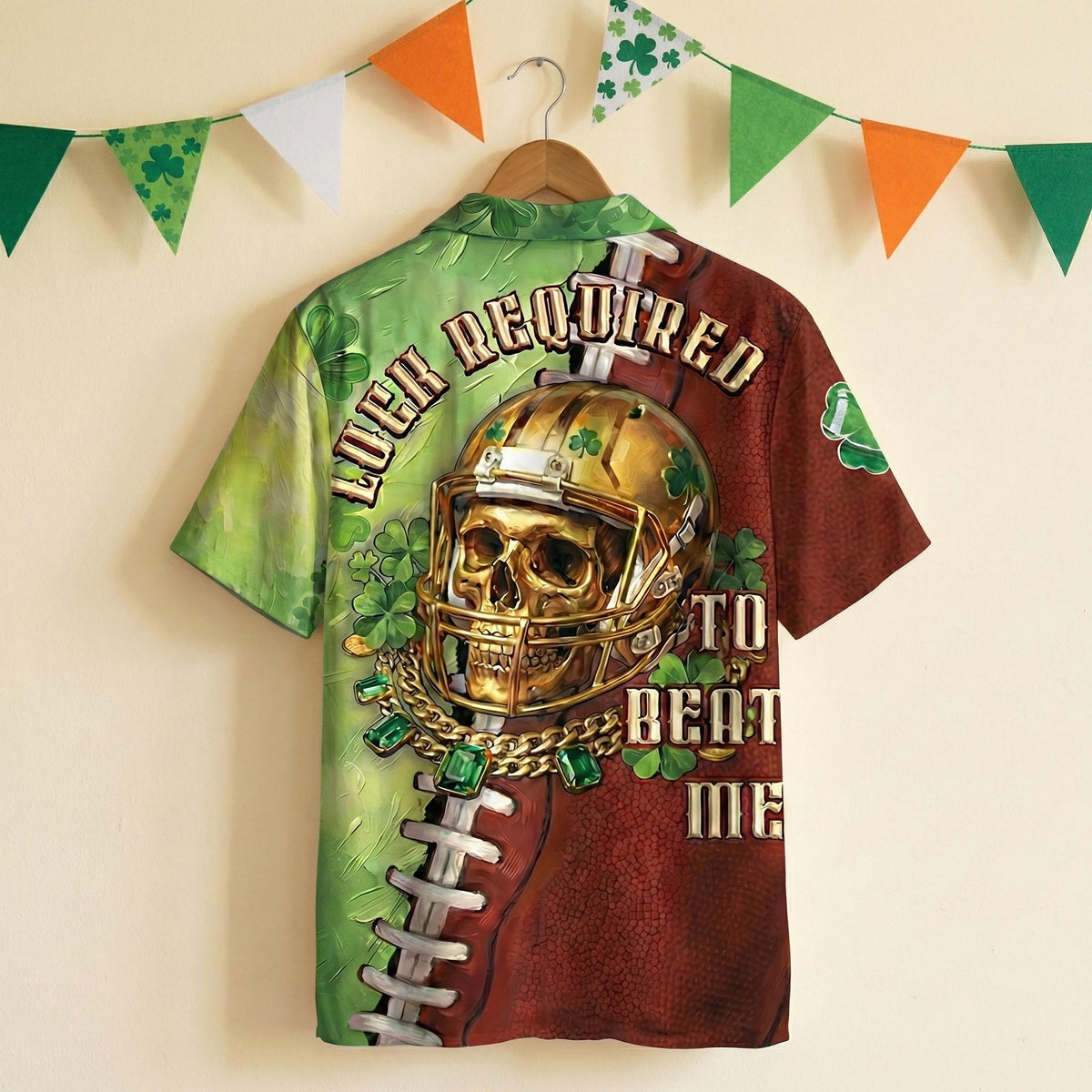 Alternate back view of the green and brown St. Patrick's day football jersey