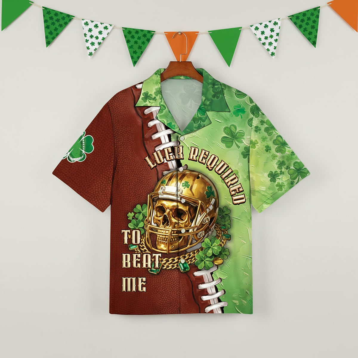 St. Patrick's day football jersey featuring a split green shamrock and brown texture design with a gold skull, front view