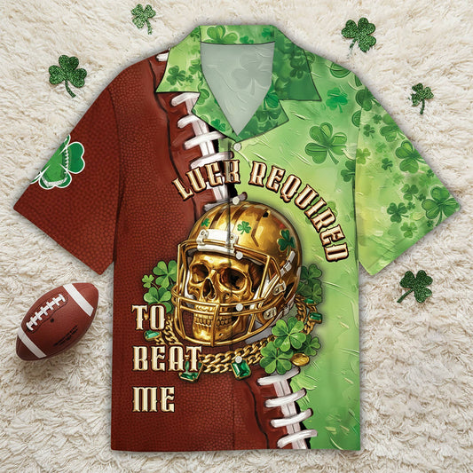 Front view of the patrick football jersey featuring a split green shamrock and brown football texture with a golden skull.