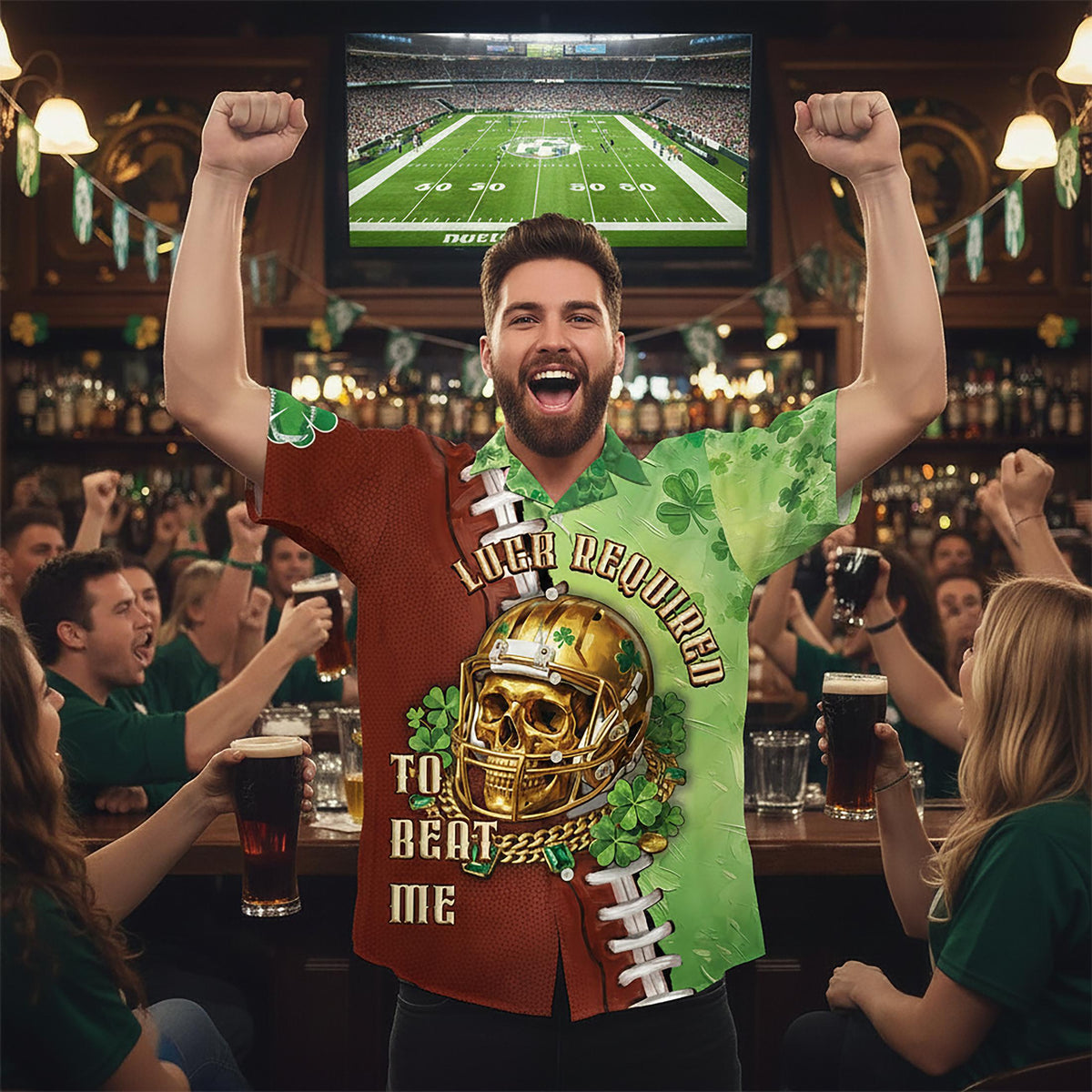 Lifestyle view of a person wearing the St. Patrick's day football jersey outdoors