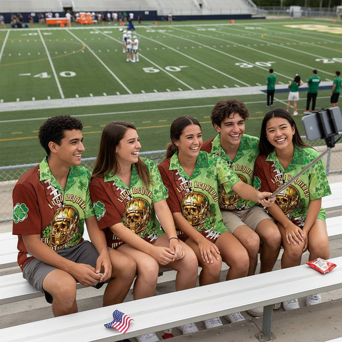 Lifestyle view of a person wearing the green patrick football jersey outdoors