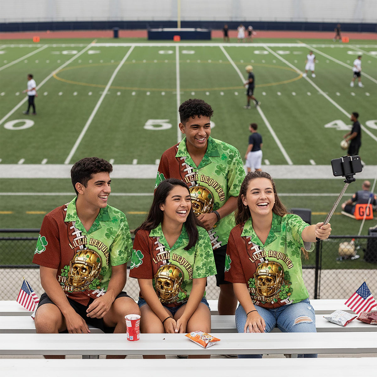 Lifestyle view of a person wearing the green and brown St. Patrick's Day football jersey outdoors.