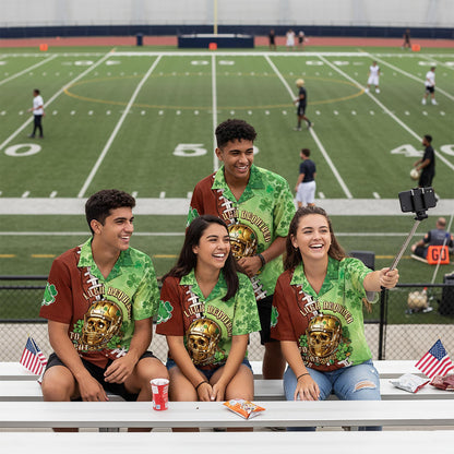 Lifestyle view of a person wearing the green and brown St. Patrick's Day football jersey outdoors.