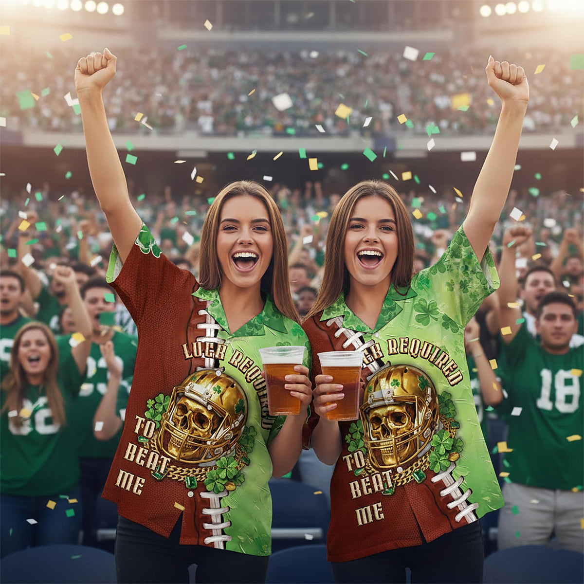 Close-up lifestyle shot highlighting the golden skull on the football jersey
