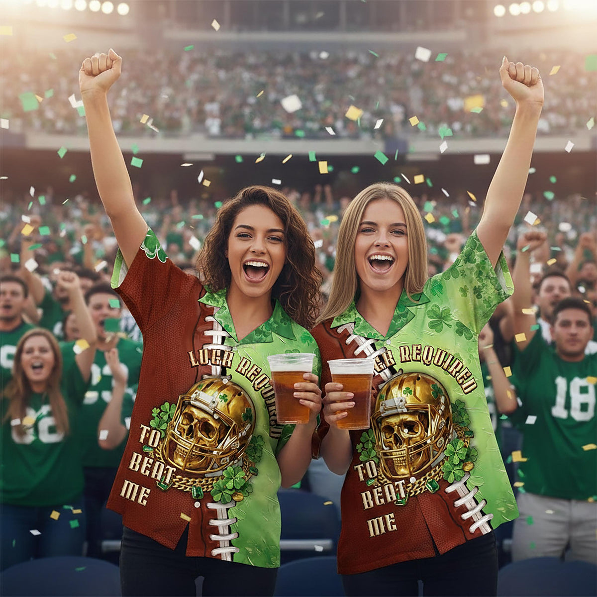 Lifestyle view of someone wearing the shamrock football jersey at a casual gathering.