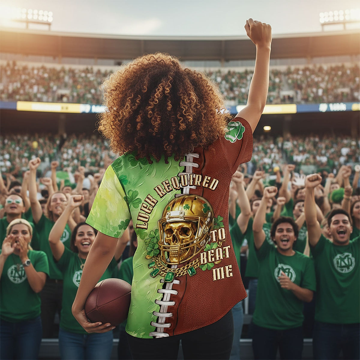 Lifestyle view showing the split brown football and green shamrock design