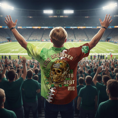 Close-up lifestyle view of the golden skull graphic on the patrick football jersey.