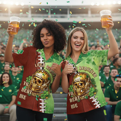Fourth lifestyle view highlighting the skull and shamrock graphics on the football jersey