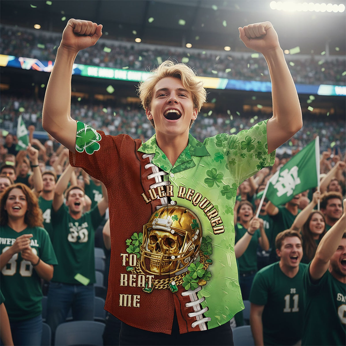 Lifestyle view of the St. Patrick's Day football jersey in a sunny outdoor setting.