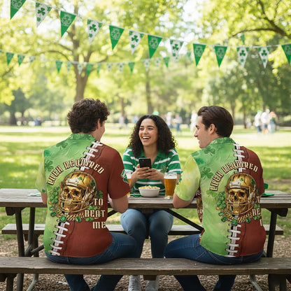 Casual lifestyle setting showing the bold luck required football jersey