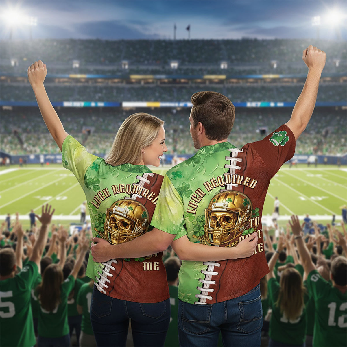 Another lifestyle view of the green patrick football jersey showing the skull graphic