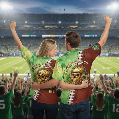 Another lifestyle view of the green patrick football jersey showing the skull graphic