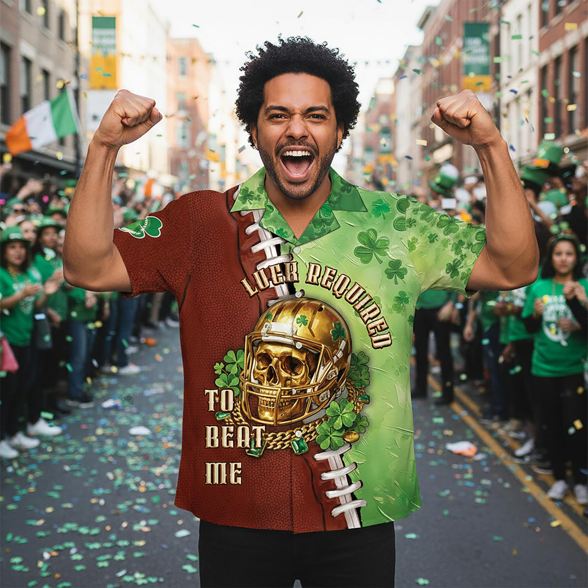Person modeling the St. Patrick's Day football jersey in a casual setting