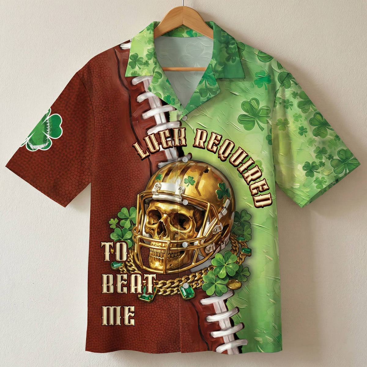 Close-up lifestyle view of the golden skull football jersey details
