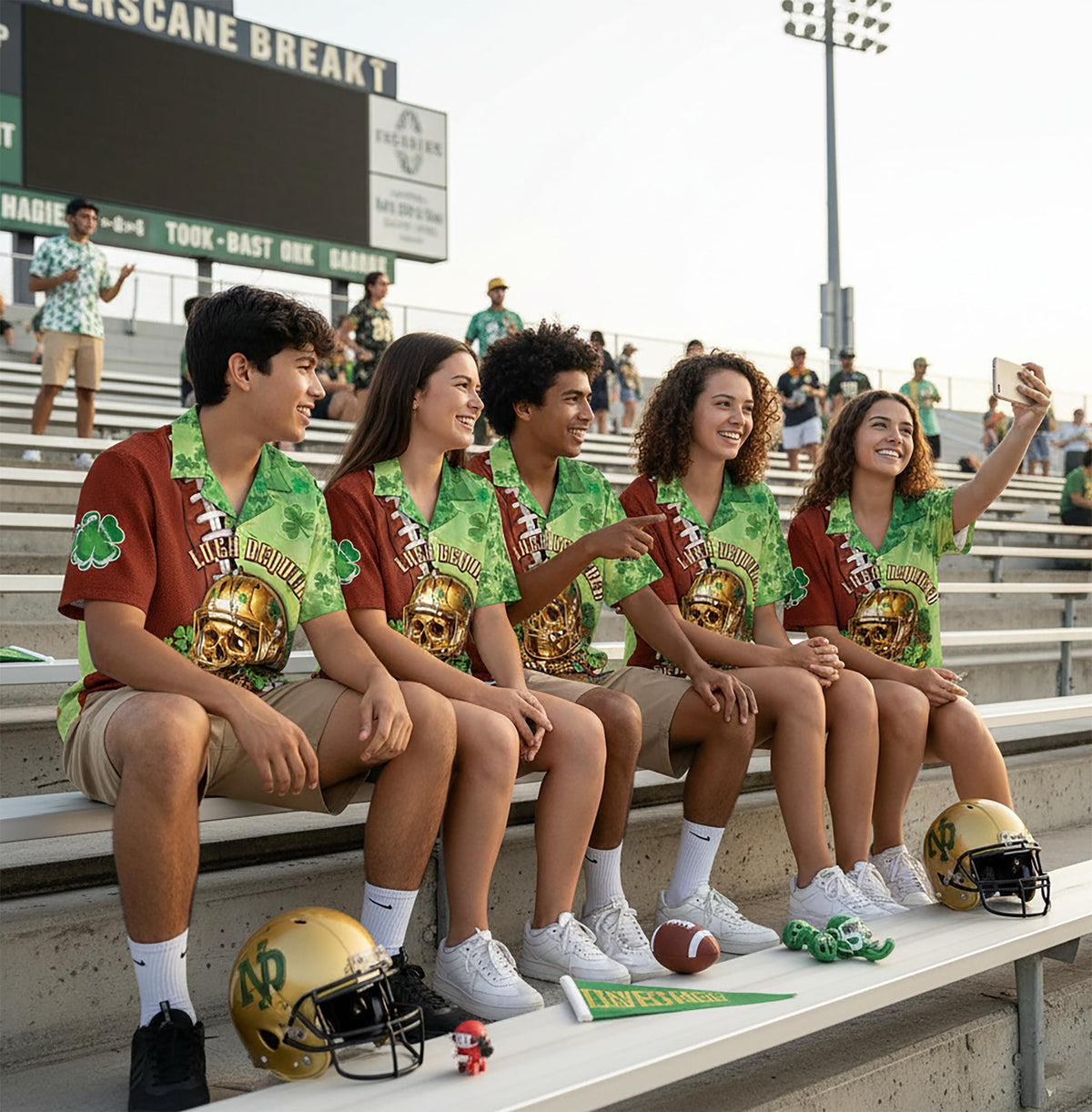 Back view of the St. Patrick's Day football jersey with split brown and green pattern