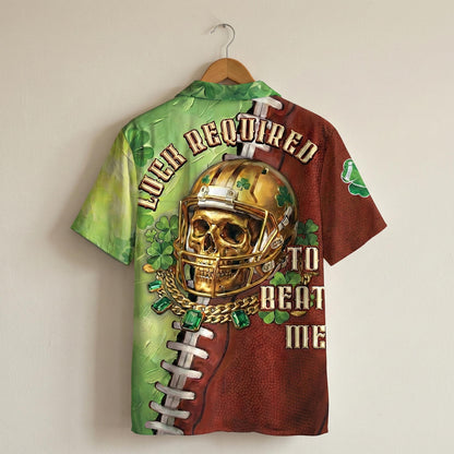 Front view of St. Patrick's Day football jersey featuring golden skull, green shamrocks, and brown football texture