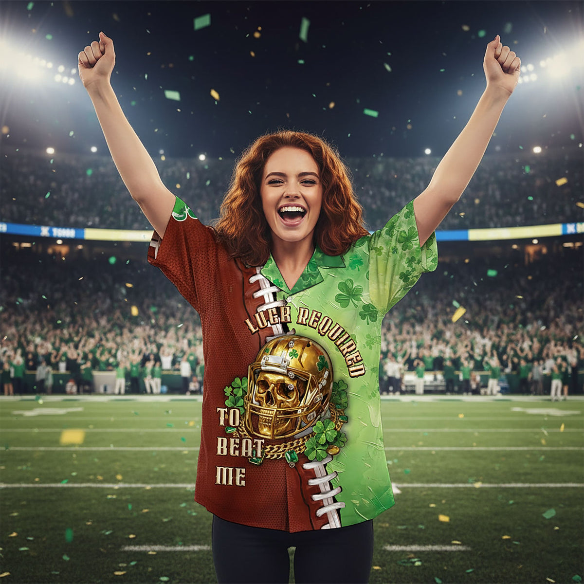 Lifestyle shot of an adult wearing the st. patrick's day football jersey outdoors