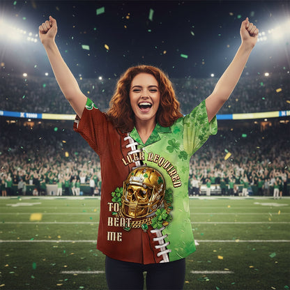 Lifestyle shot of an adult wearing the st. patrick's day football jersey outdoors