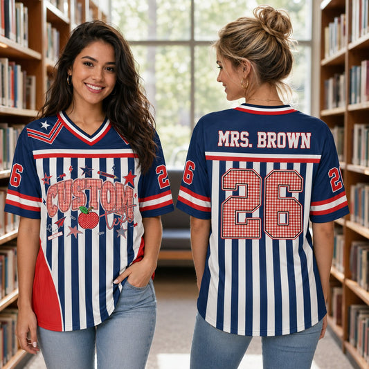 Navy personalized football jersey with custom name and number, teacher theme front view