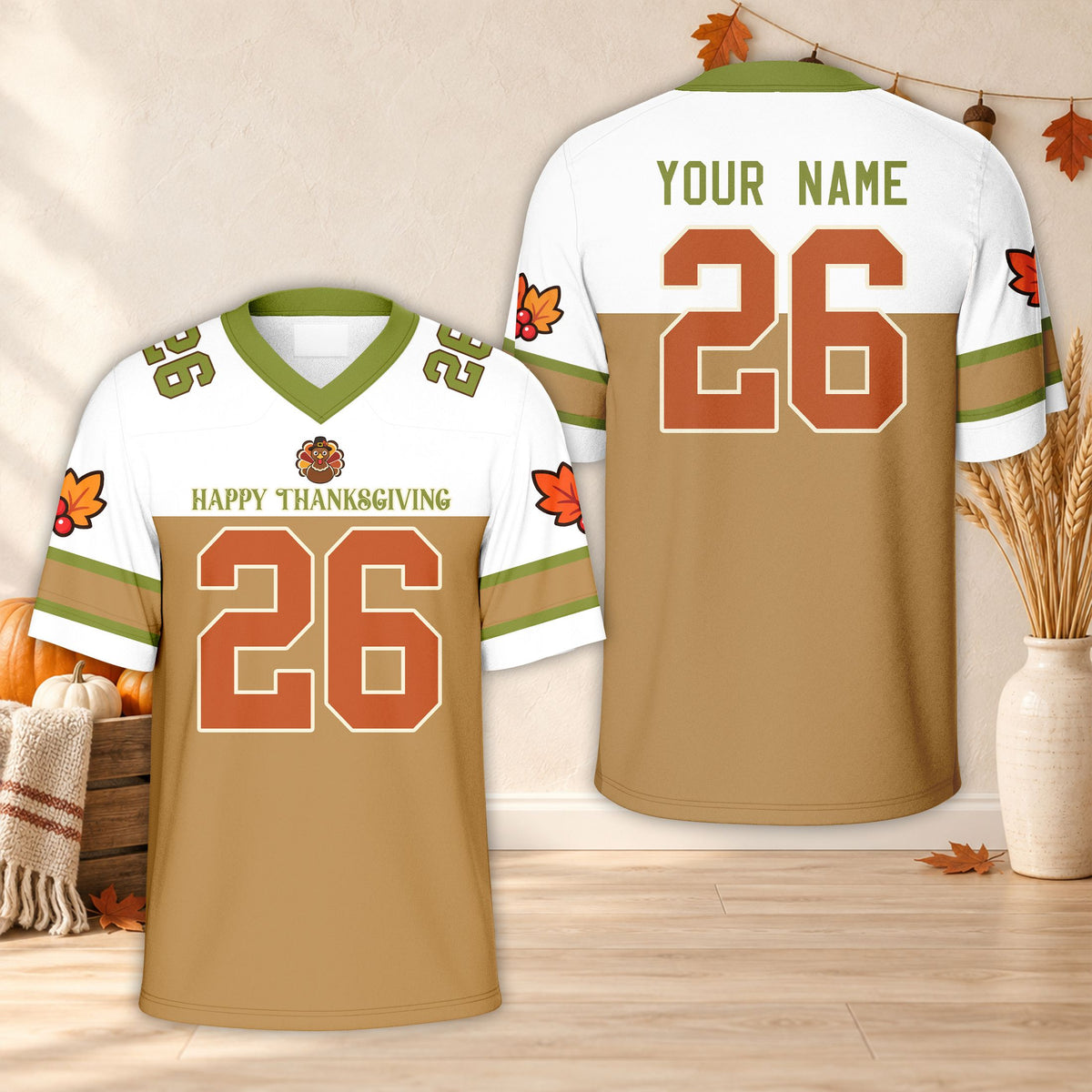 Personalized beige and white thanksgiving football jersey, front view