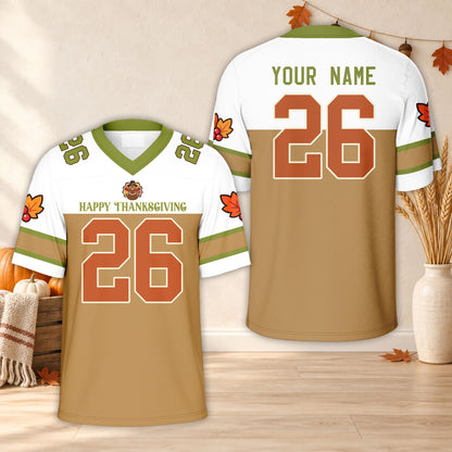 Personalized beige and white thanksgiving football jersey, front view