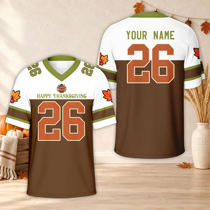 Personalized brown and white thanksgiving football jersey with custom name and number, front view