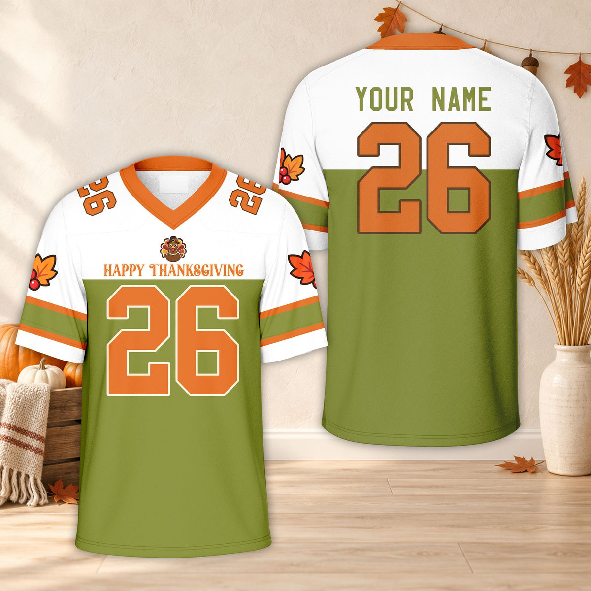 Personalized green and white thanksgiving football jersey, front view
