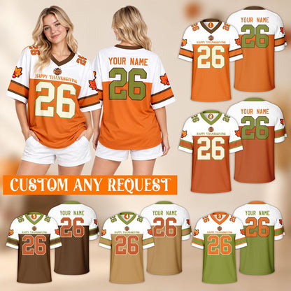 Group view of multiple personalized multi-color thanksgiving football jerseys