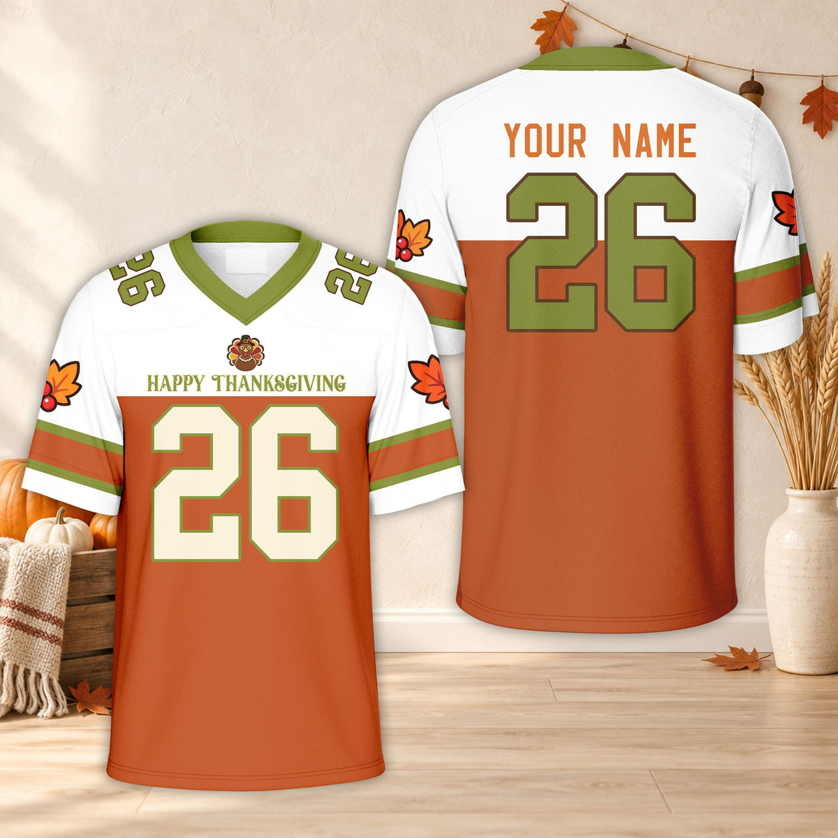 Personalized orange and white thanksgiving football jersey, front view