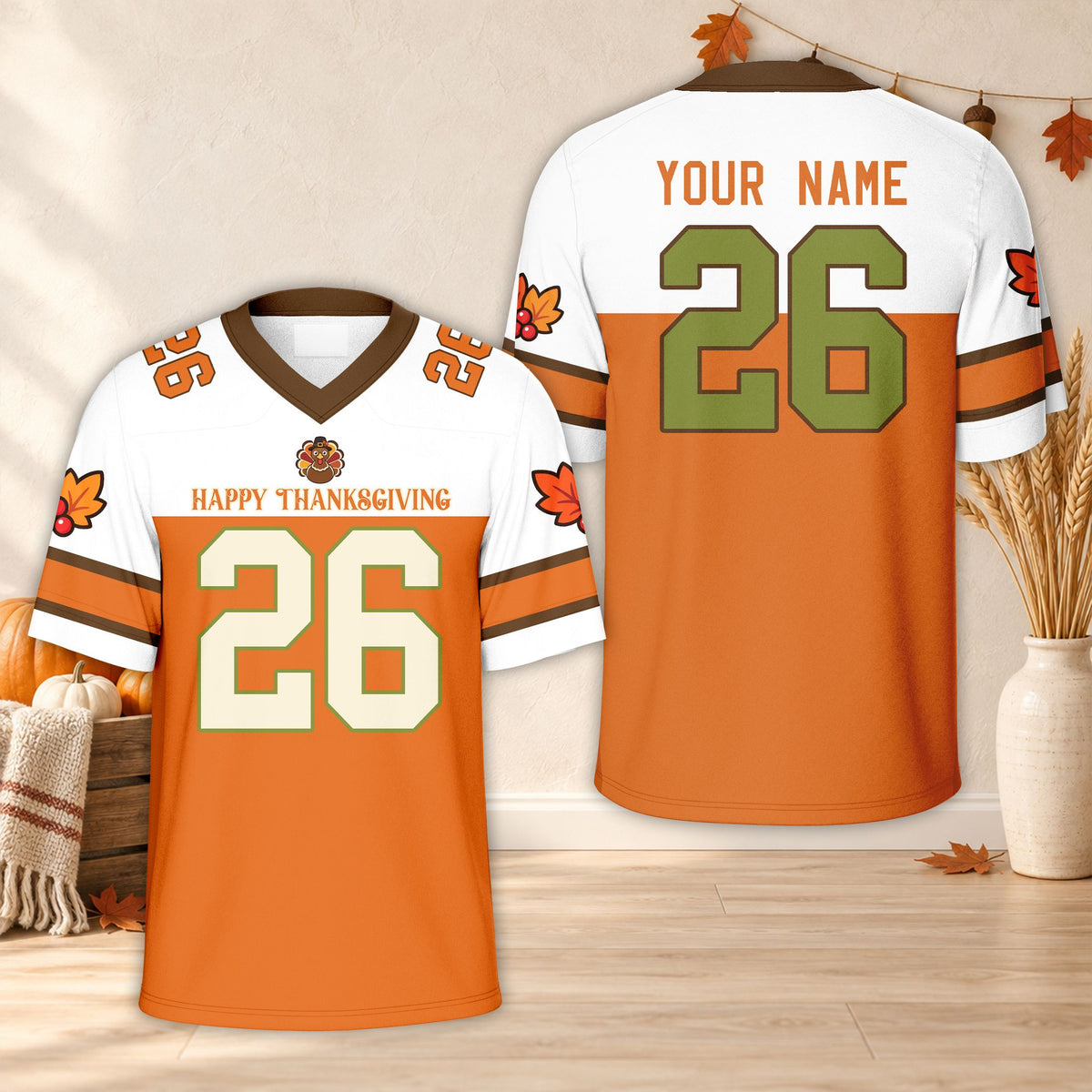 Alternate personalized orange and white thanksgiving football jersey, front view