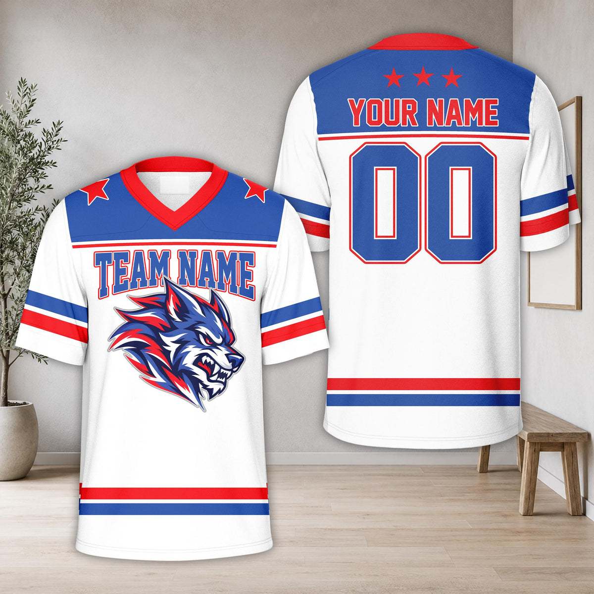 Front view of the custom white football jersey with wolf design