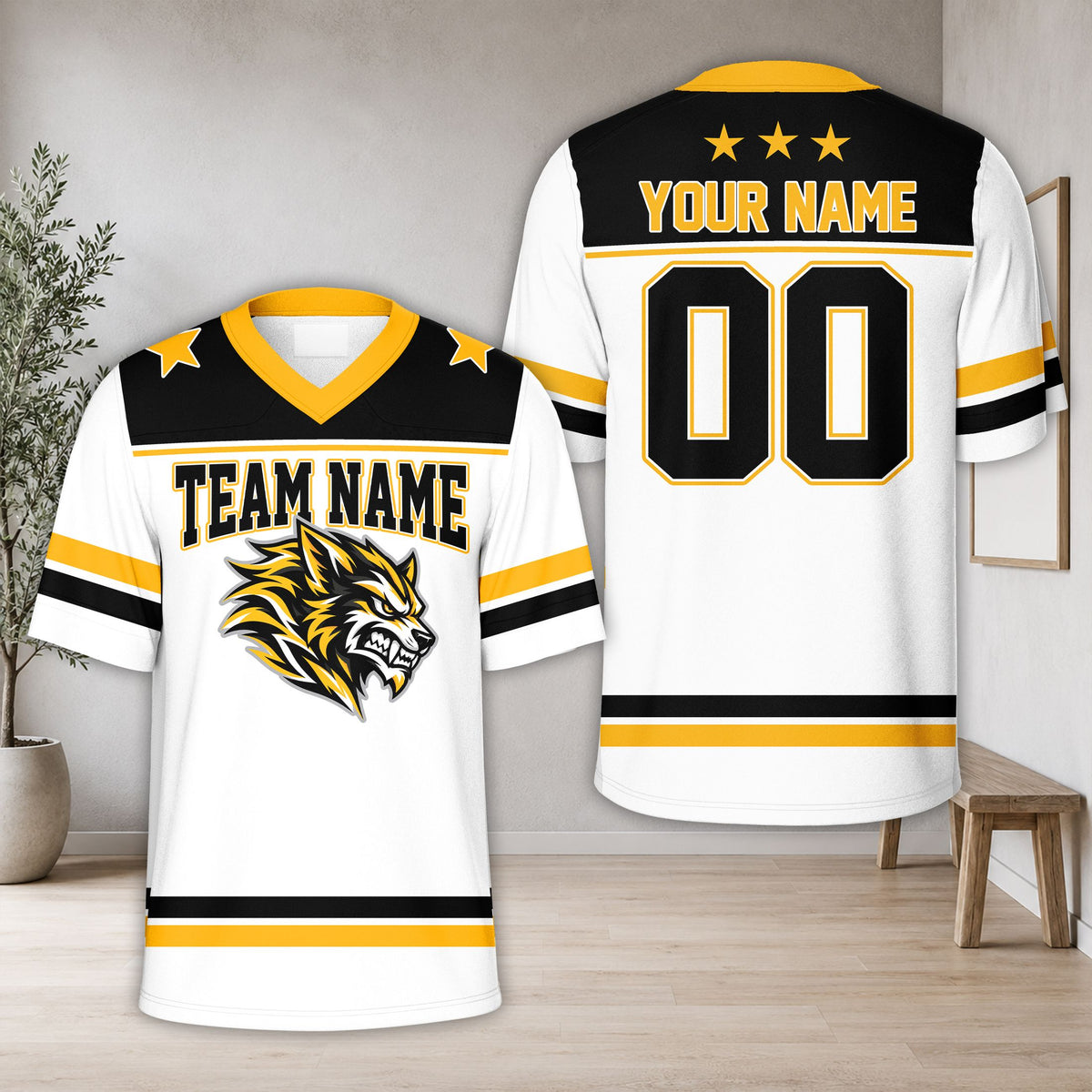 Close up front view of the personalized wolf mascot jersey