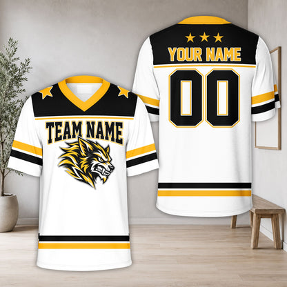 Close up front view of the personalized wolf mascot jersey