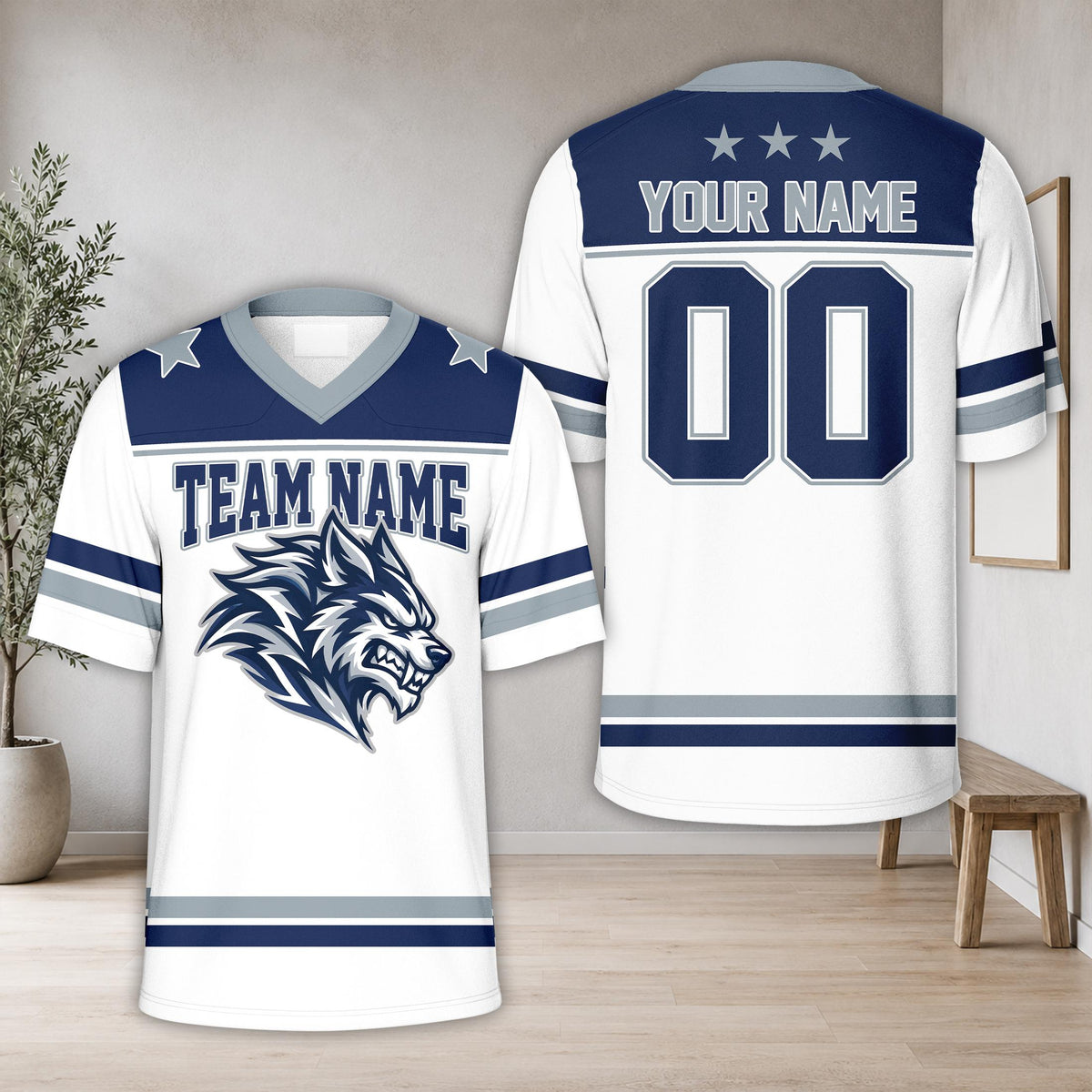 White football jersey featuring aggressive wolf graphic on front