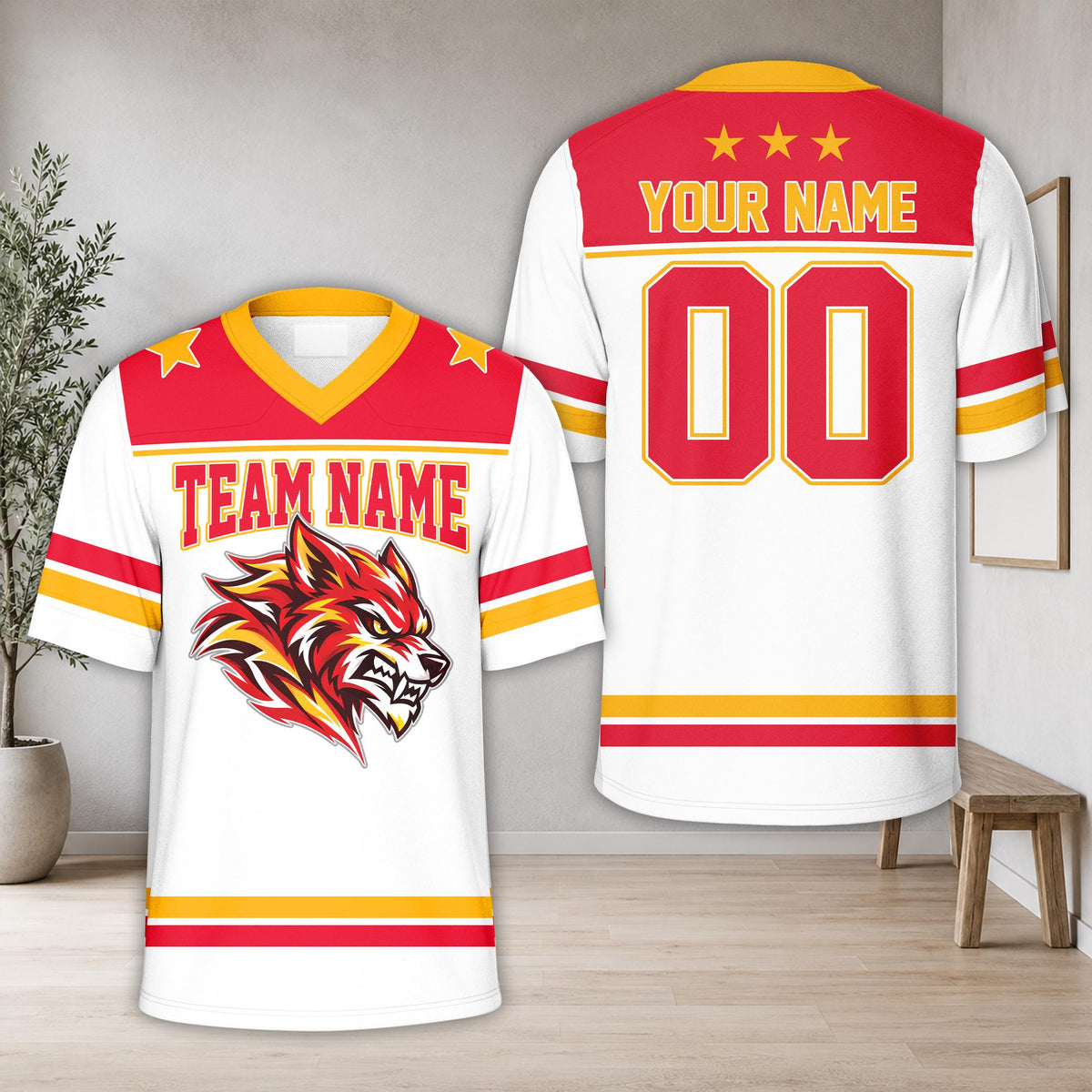 Final front view of the personalized white wolf football jersey