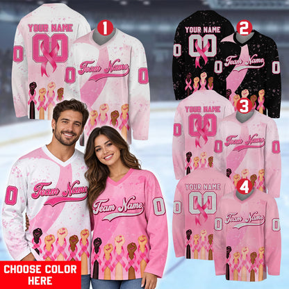 Lifestyle view of a person wearing the white and pink breast cancer awareness hockey jersey